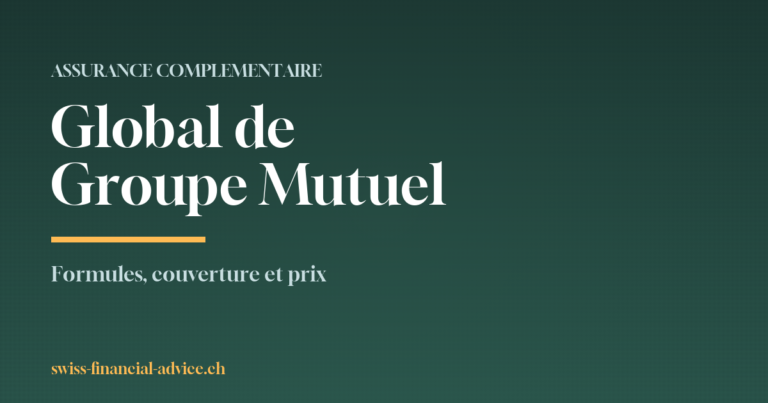 Dark green marketing banner advertising Groupe Mutuel with headline 'Global de Groupe Mutuel' and subheading 'Formules, couverture et prix', site 'swiss-financial-advice.ch'